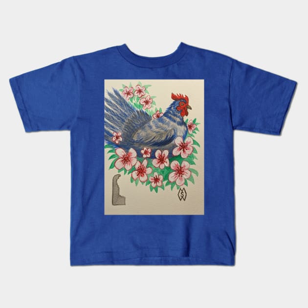 Delaware state bird and flower, the blue hen and peach blossom Kids T-Shirt by Matt Starr Fine Art